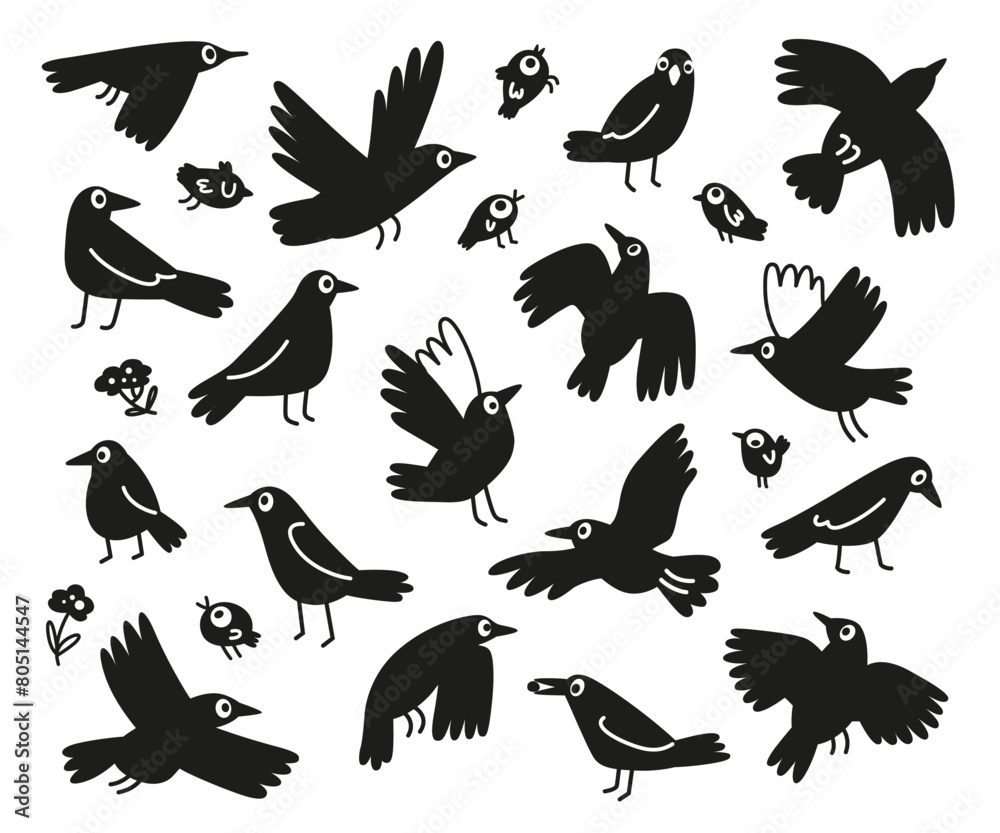 Obraz premium Vector black crows. Birds collection
