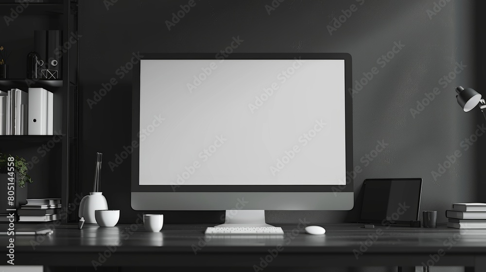Blank Screen and Devices Monitor: A 3D copy space background featuring a computer monitor with a blank screen Blank Screen and Devices Monitor: A 3D copy space background featuring a computer monitor with a blank screen