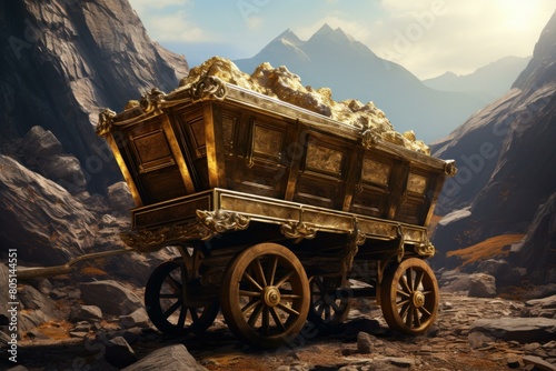 Gleaming Mining cart gold. Rock tunnel. Generate Ai