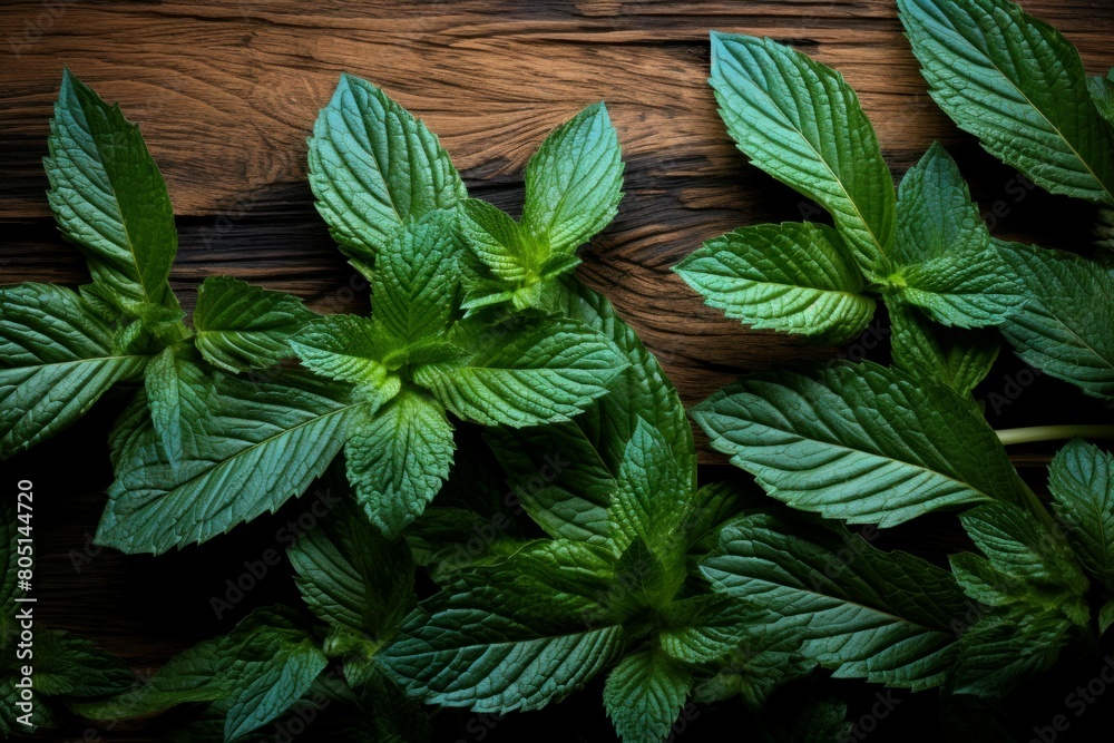 Rustic Mint herbs wooden board. Herb fresh plant. Generate Ai Rustic Mint herbs wooden board. Herb fresh plant. Generate Ai