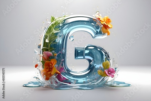 The letter G 3D, made of beautiful and sparkling glass, water drops run down on it, orange flowers above the letter, a smooth white background.