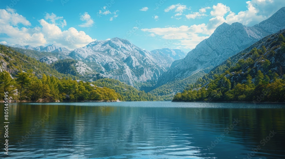 Nature and Landscapes Lake: A photo of a peaceful lake surrounded by mountains or forests