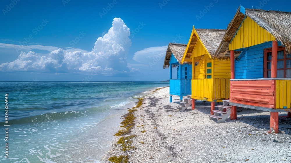 A Spectacular Sight of Colorful Huts Adorning the Beachfront, Adding a Vibrant Touch to the Coastal Landscape
