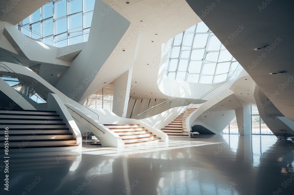 Fototapeta premium Revolutionary Futuristic building inside floor clean. White scene ground square with surface. Generate Ai