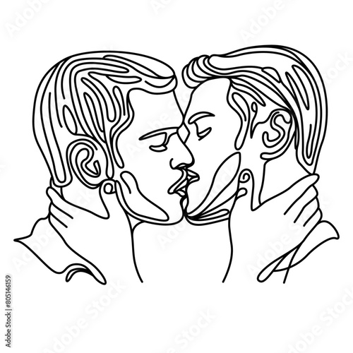 gay men kissing line sketch, pride month doodle