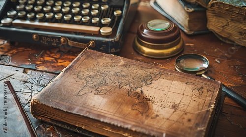 Writer's desk with a retro style typewriter, a fountain pen, an old map, a magnifying glass and a book with a leather cover on the old brown wooden table.