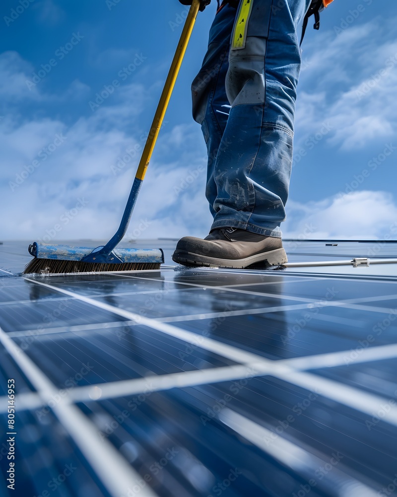 a man cleaning a solar panel with a broom on a roof a man cleaning a solar panel with a broom on a roof