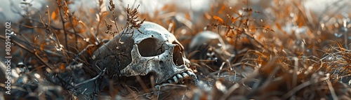 Close-up image of various animal bones scattered across a fading grassland, indicating ecosystem collapse