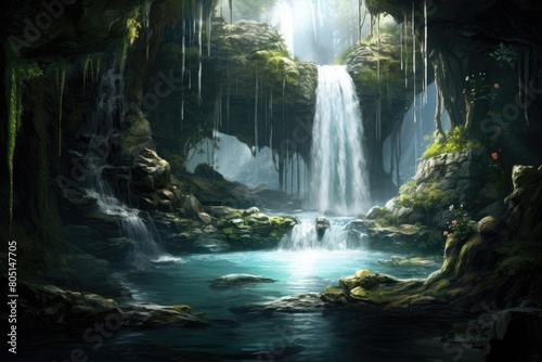 Mystical Waterfall Countdown: A waterfall with magical waters, counting down to the revelation of a hidden realm.