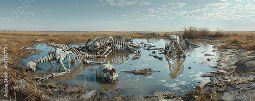 A chilling tableau of scattered animal skeletons near a shrinking waterhole, portraying the harsh realities of habitat loss