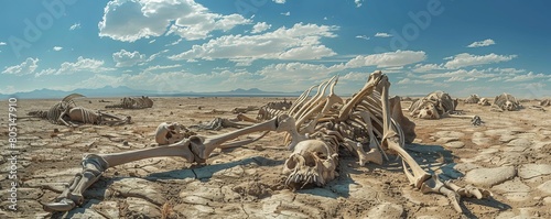 A landscape of scattered skeletal remains in a desert, dramatizing the loss of animal life due to climate change