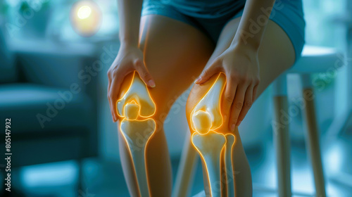 A woman is bend her knees and holding it. The knee is swollen and red. Concept of pain and discomfort. Generative ai illustration.