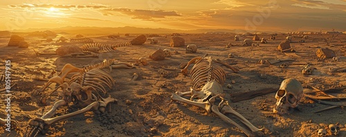 A landscape of scattered skeletal remains in a desert, dramatizing the loss of animal life due to climate change