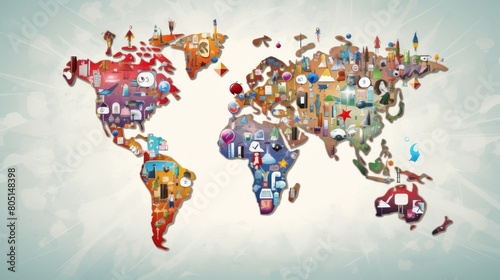 Global Connectivity Concept: World Map Shape Crafted with Social Media Icons, Symbolizing Digital Networking and Online Community Communication Worldwide
