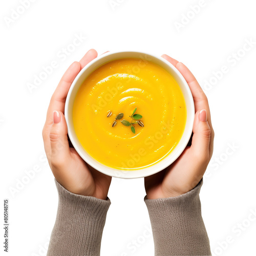 hand holding a bowl of soup on transparent background, clipping path, png, 