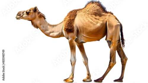 Realistic image of a single camel standing side view. High-Quality Picture for Educational and Commercial Use. Perfect for nature-themed designs. AI