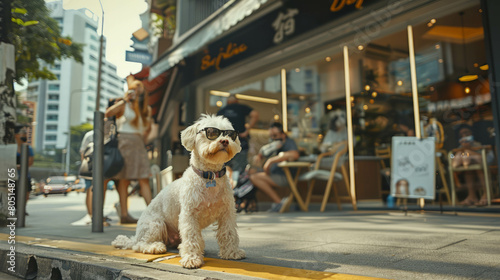 An adorable dog assists customers in selecting eyeglasses at a welcoming shop. AI generative.
