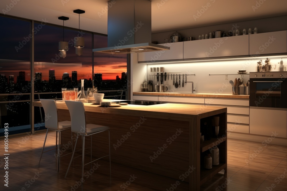 Sophisticated Modern kitchen interior evening. Floor furniture. Generate Ai