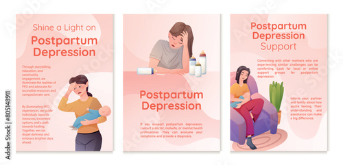Set of three vector brochures with information about Support for Postpartum Depression. Banner Template Design for New Tired Mothers.