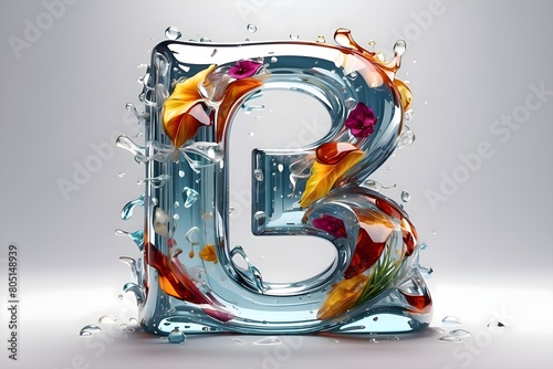 The letter B 3D, made of beautiful and sparkling glass, water drops run down on it, orenge flowers above the letter, a smooth white background. photo