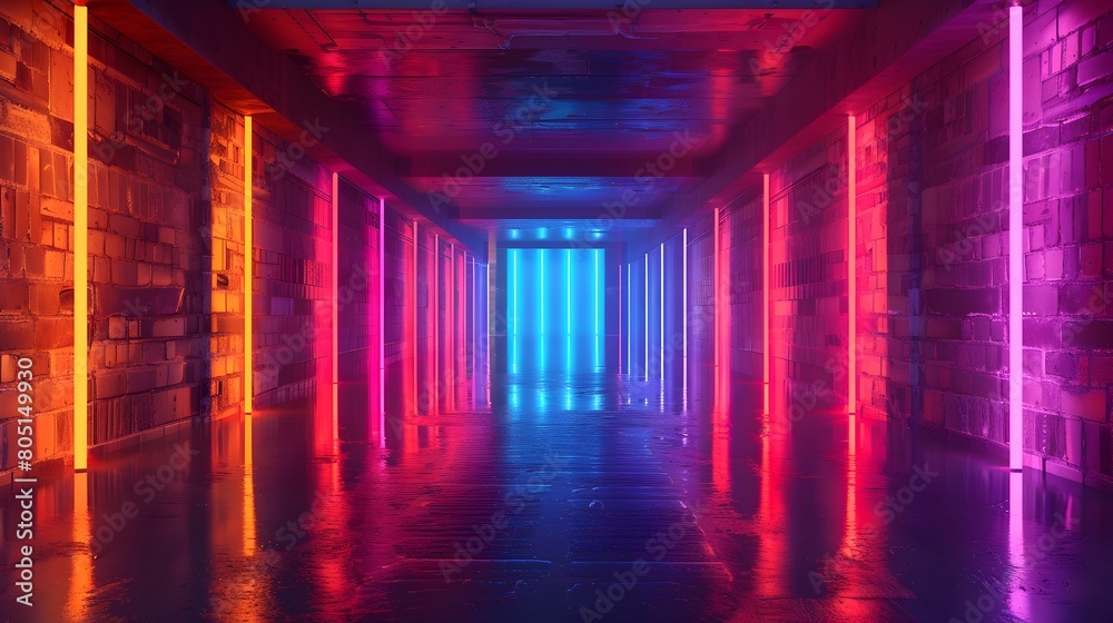 Glowing Neon Tunnel of Vibrant Abstract Lights and Reflections in Surreal of Futuristic Exhibition Background