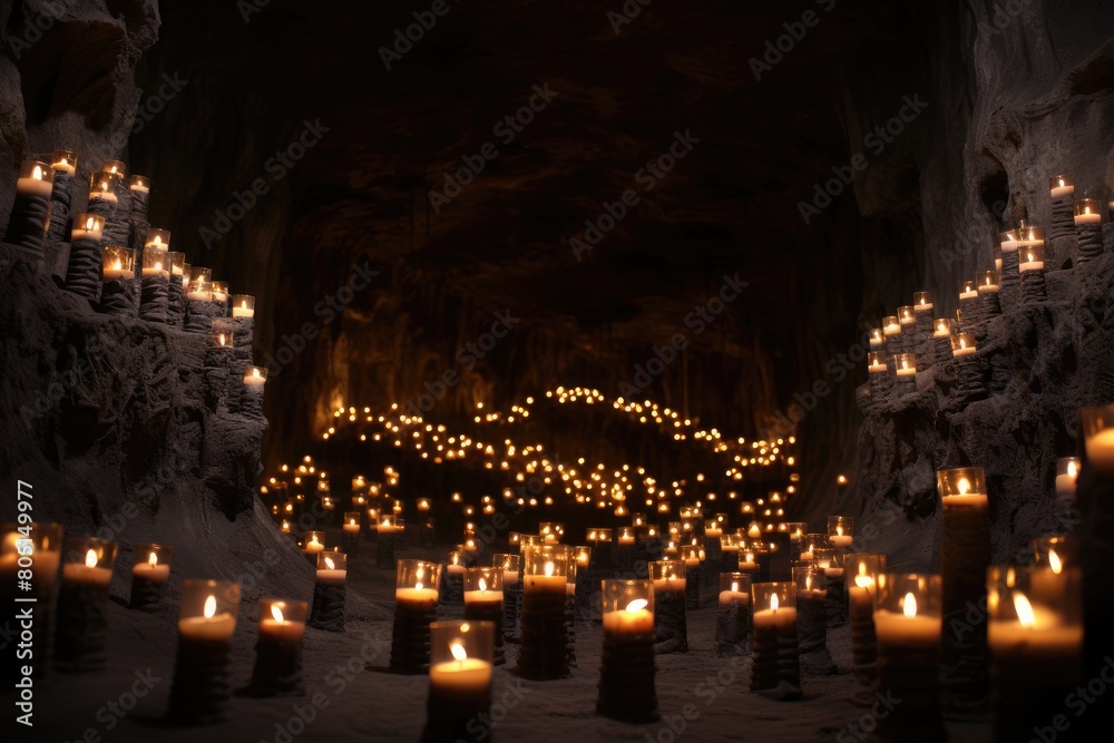 Candlelit Catacomb Countdown: Candle flames in a dark catacomb flickering in rhythm to count down to an underworld event.