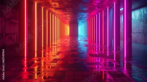 Mesmerizing Neon Lit Tunnel Reflecting on Tranquil Water Surface Showcasing Futuristic Abstract Digital
