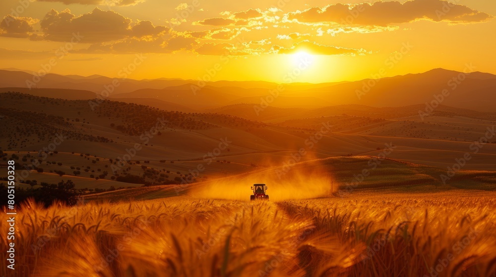 Farmer spraying fertilizer on corn field from tractor under beautiful golden sunset sky