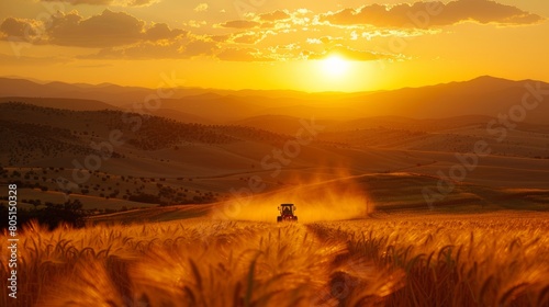 Farmer spraying fertilizer on corn field from tractor under beautiful golden sunset sky