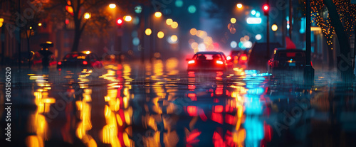 A city street with cars and lights reflecting in the water