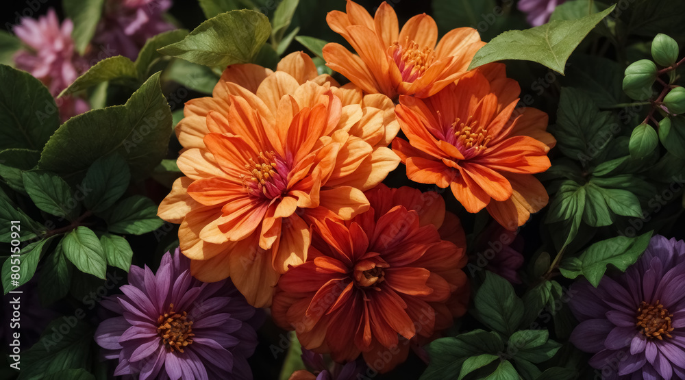 Colorful flowers in a variety of shades and shapes, bright orange and purple flowers with green leaves create a beautiful backdrop