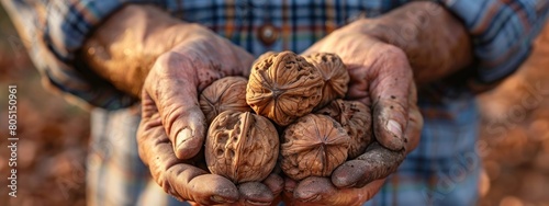 walnuts in the hands of a man. selective focus