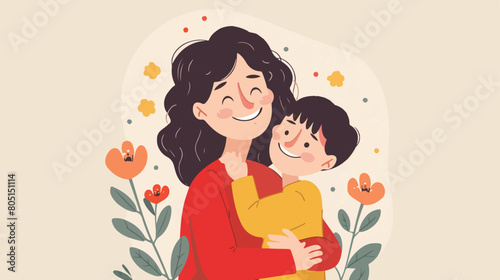 Happy woman and her son on light background Vector style