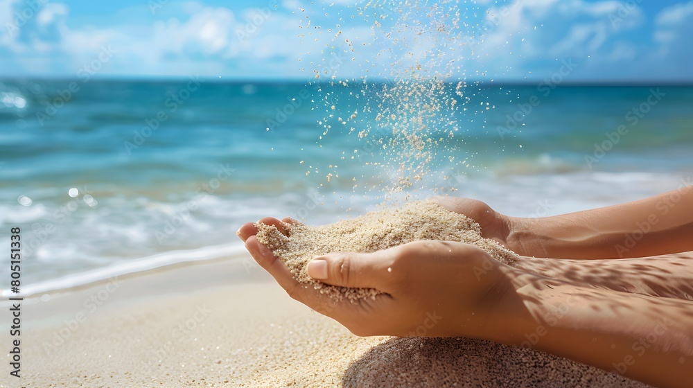 Hands releasing dropping sand. Sand flowing through the hands against blue ocean. Summer beach holiday Hands releasing dropping sand. Sand flowing through the hands against blue ocean. Summer beach holiday