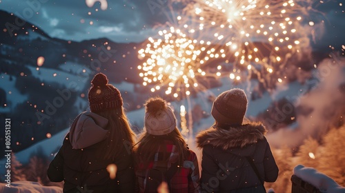 Group of young people celebrating new year eve with fireworks. winter holiday weekend. Holidays © Basketball
