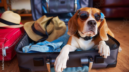 A cool beagle dog in sunglasses lying on an open suitcase with clothing and stuff, ready for vacation, pet-friendly hotel photo