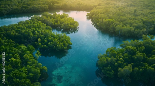 Aerial view of mangrove forest and sea. Mangrove jungles, trees, sea. Mangrove landscape. Caribbean sea.