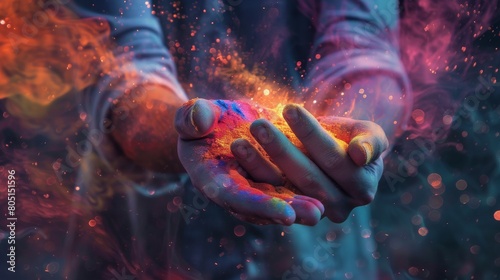 Colorful Hands in Cosmic Space Exploration: Abstract Artistic Background of Celestial Stars and Galactic Universe, Vibrant Composition in Modern Illustration Design