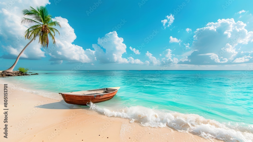 Beautiful summer landscape of tropical island with boat in ocean.