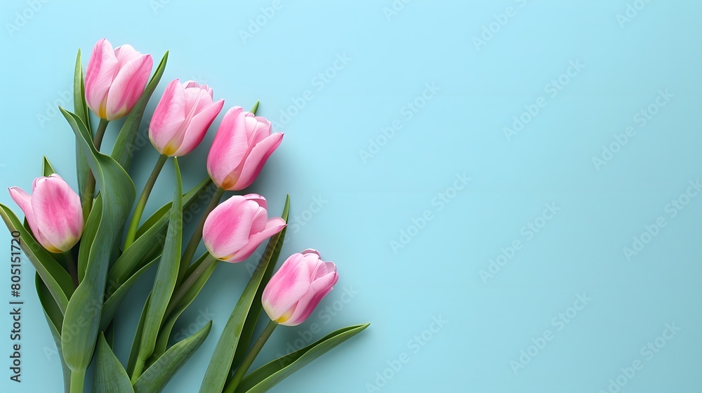 Beautiful spring tulips and space for text on light blue background. Horizontal banner design.