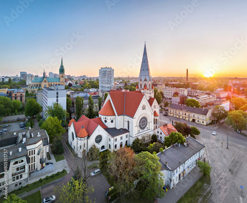 Lodz, Poland. Aerial view of St. Mathew Church (Kosciol sw. Mateusza) on sunrise