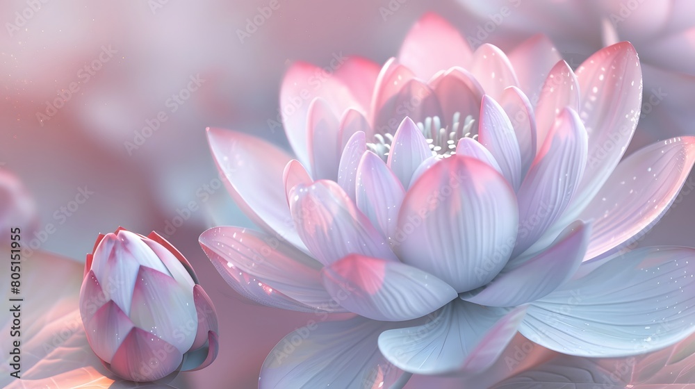 Close-up of a lotus flower with buds. Image for wedding invitations. 3D rendering