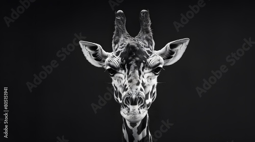 Close-up of a giraffe in front, looking at the camera, black and white portrait on black background