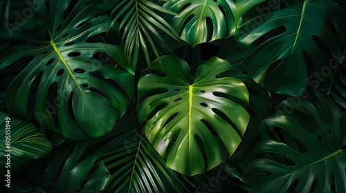 closeup nature view of green leaf and palms background. tropical leaves, dark nature concept