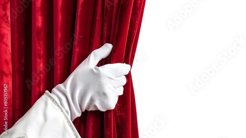 Close-up of hand in a white glove pulling curtain away isolated on a white transparent background,