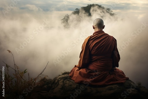 Solitary Monk fog sitting lake. Mist morning. Generate Ai photo