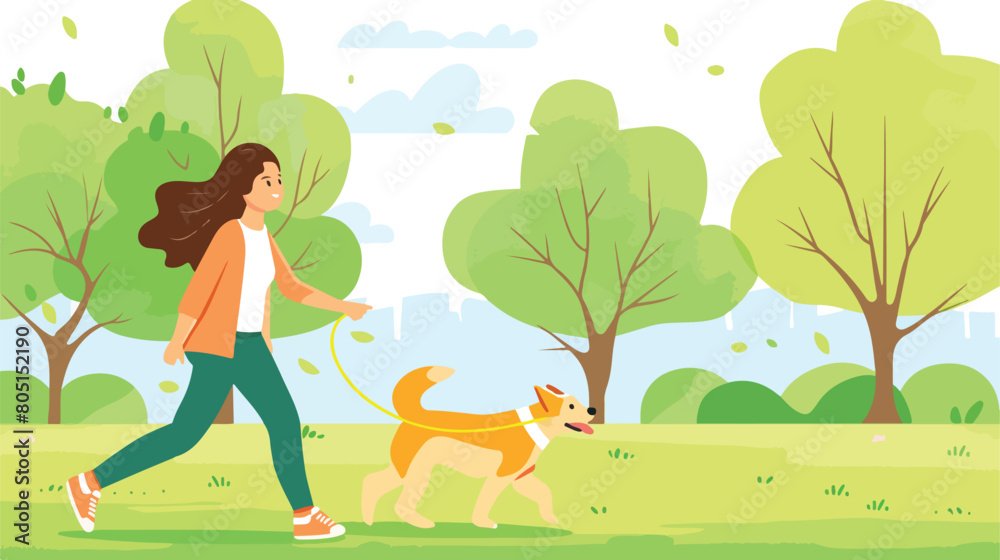 Happy woman with a dog in the park. Vector illustration