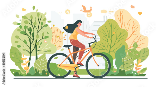 Happy woman with a bike in the park. illustration in