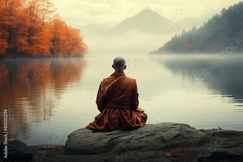 Meditative Monk sitting lake. Holy reflection. Generate Ai photo