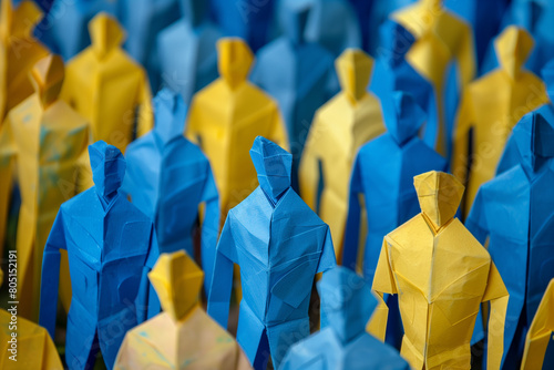 Group of yellow and blue paper people, Ukrainian people concept